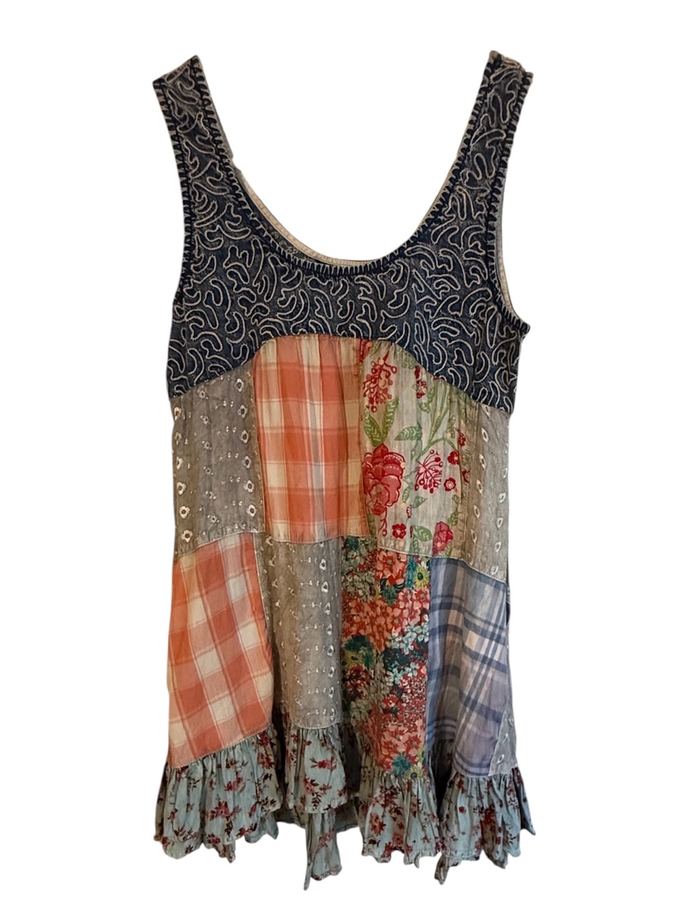 NWT Young Threads Boho Denim Patchwork Floral & Plaid Sleeveless Top Size Small